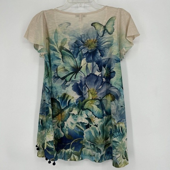 Live And Let Live Boho Floral Butterfly Top Embellished High Low Pom Trim Size S - Picture 5 of 9